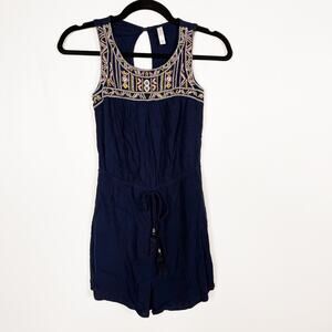 Xhilaration Womens XSmall XS Navy Blue Embroidered Tie Waist Romper Keyhole Back